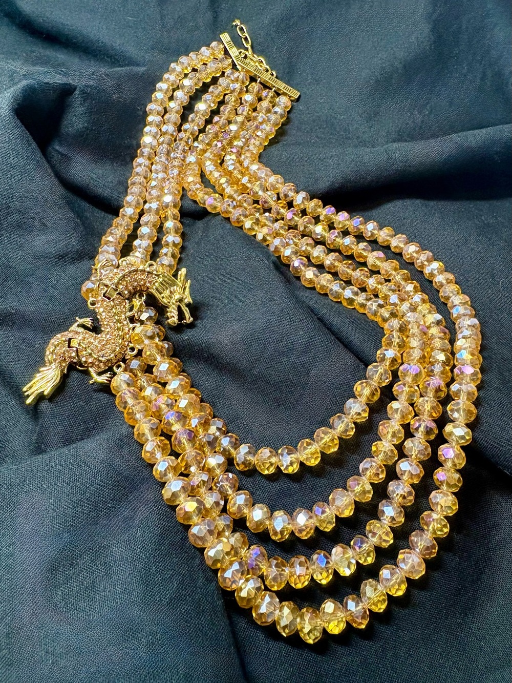 Gold, Champagne Glass and Austrian Crystal Multi-Strand Dragon Necklace 20-22”